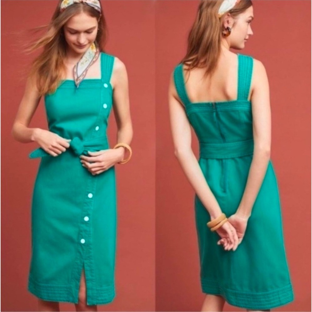 Maeve Anthropologie Green Elizabeth Green Midi Dress Button Size 0